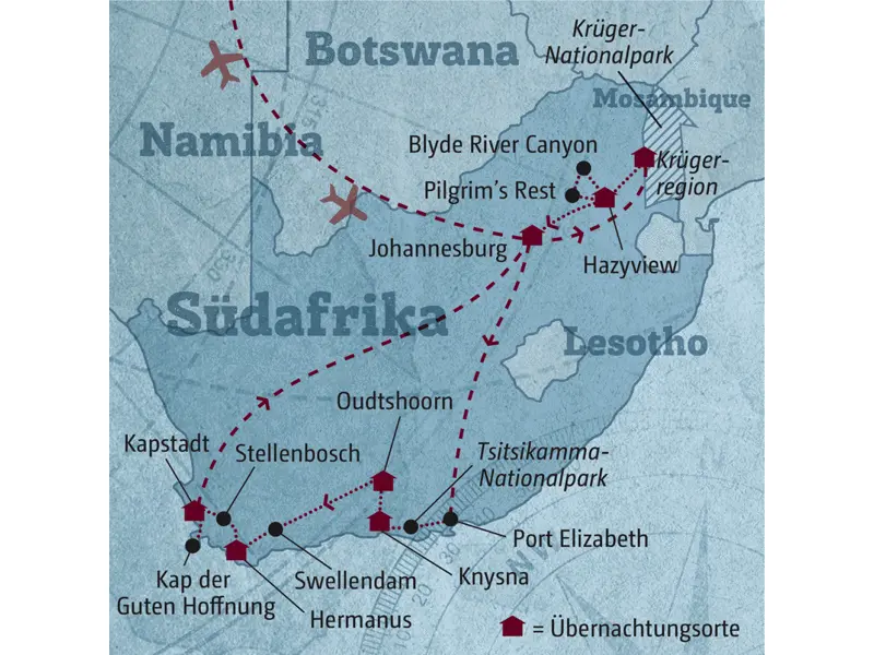 Unsere Reiseroute durch Südafrika startet in Johannesburg und führt über die Krügerparkregion, Knysna, Oudtshoorn und Hermanus nach Kapstadt.