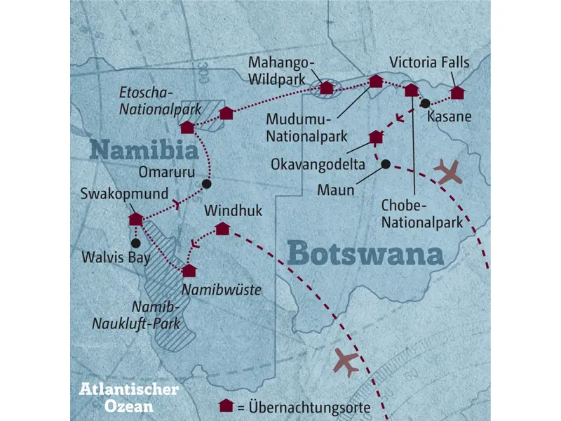 Diese Reisekarte zeigt den Verlauf der Marco Polo Reise Namibia-Botswana: Windhuk, Namibwüste, Swakopmund, Walvis Bay, Etoscha-Nationalpark, Mahango-Wildpark, Mudumu-Nationalpark, Chobe-Nationlpark, Victoria Falls, Okavangodelta.