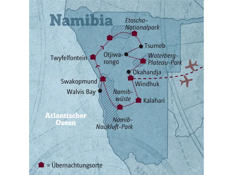 Diese Reisekarte zeigt den Verlauf der Marco Polo Mietwagenreise Namibia: Windhuk, Kalahari, Namibwüste, Swakopmund, Walvis Bay, Twyfelfontein, Etoscha-Nationlpark, Tsumeb, Waterberg.