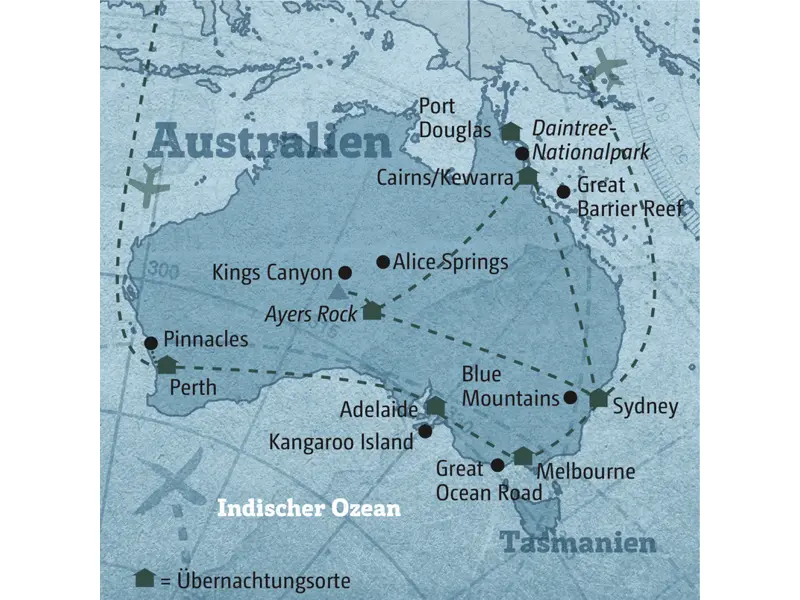 Diese Reisekarte zeigt den Verlauf der individuellen Marco Polo Reise Australien: Perth, Adelaide, Melbourne, Sydney, Ayers Rock, Cairns.