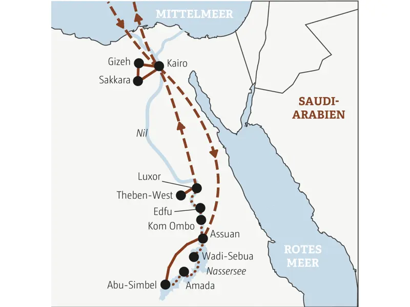 Reisekarte der Marco Polo Minigruppen-Reise Ägypten mit den wichtigsten Stationen der Reise.