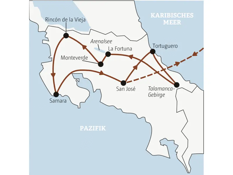 Die Rundreise mit YOUNG LINE durch Costa Rica führt dich von San José nach Tortuguero, ins Talamanca-Gebirge, nach La Fortuna,  Monteverde, Rincón de la Vieja bis nach Samara.