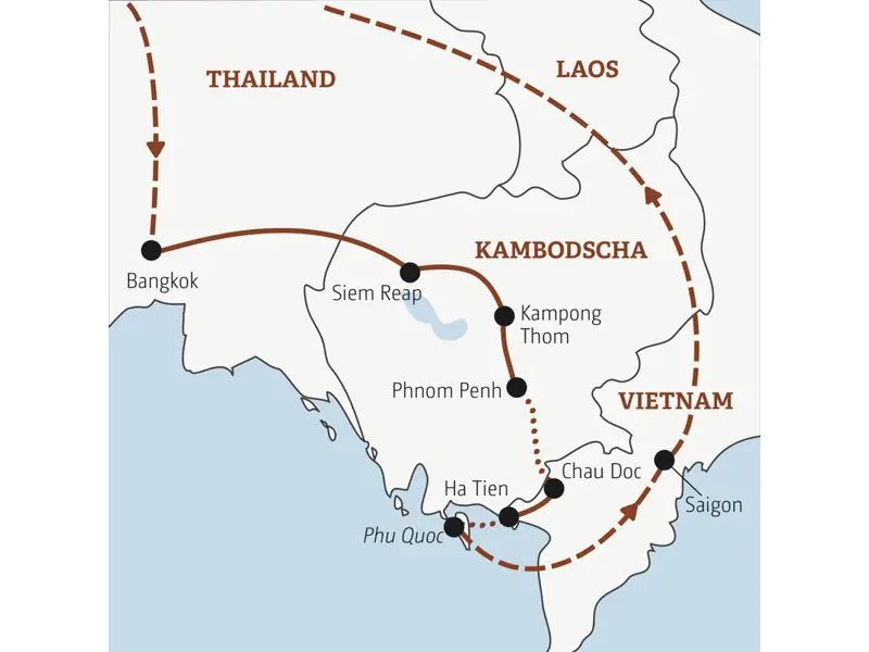 Die Rundreise mit YOUNG LINE durch drei Länder Asiens führt von Thailand über Kambodscha nach Vietnam.