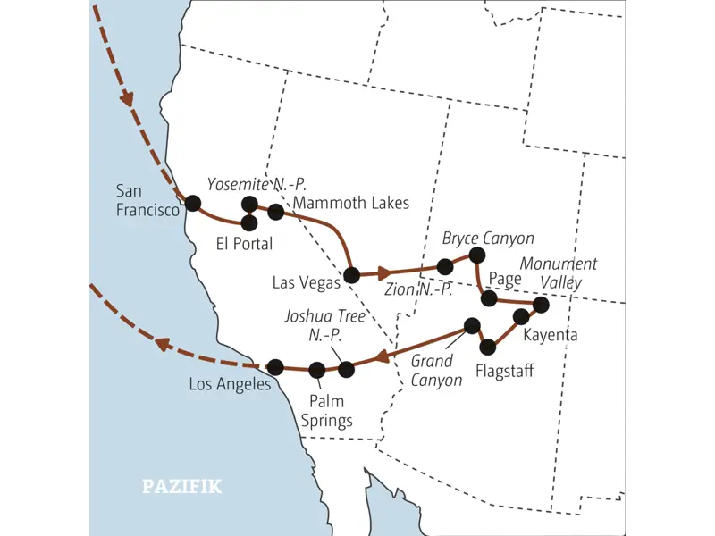 Auf dieser YOUNG LINE Reise an die Westküste der USA besuchen die Reisenden in der Gruppe die Bundesstaaten Kalifornien, Nevada und Utah.