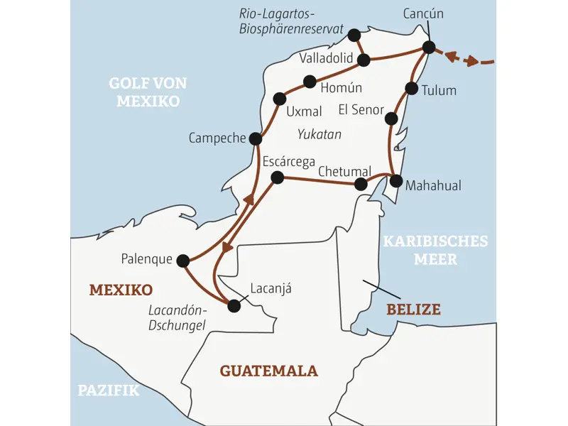 Die Rundreise mit YOUNG LINE durch Mexiko führt dich von Cancún nach Tulum, Chetumal, Lacanjá, Palenque, Uxmal und ins Rio-Lagartos-Biosphärenreservat.