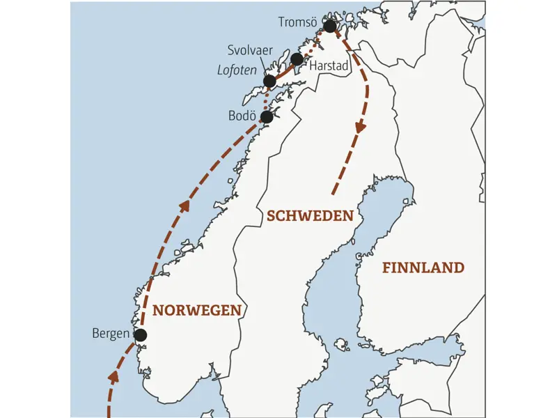 Auf der YOUNG LINE Reise ab 35 Norwegen - Rocks 'n' Roads Richtung Polarkreis - reisen erlebnishungrige Traveller von Bergen über die Lofoten und Vesteraalen bis nach Tromsö.