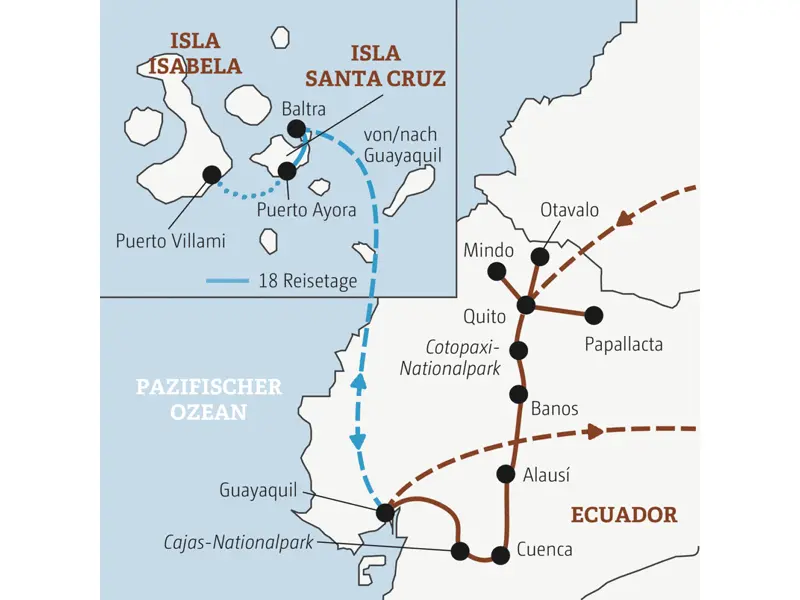 Die Rundreise mit YOUNG LINE durch Ecuador führt dich von Quito nach Mindo, Otavalo, in den Cotopaxi-Nationalpark, nach Banos, Alausí, Cuenca, Guayaquil und auf Wunsch nach Galápagos.