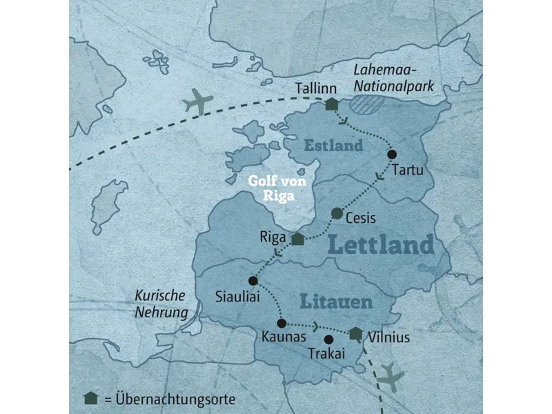 Ihre Reiseroute durch Estland, Lettland & Litauen startet in Tallinn und führt über Tartu, Riga und Kaunas nach Vilnius.