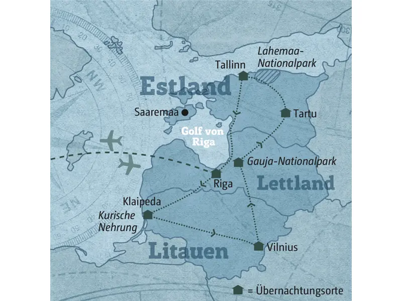 Ihre individuelle Reiseroute startet in Tallinn und führt überTartu, den Gauja-Nationalpark, Vilnius, Klaipeda und Riga zurück nach Tallinn.