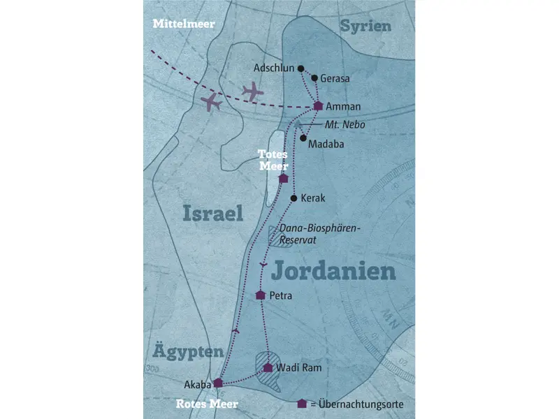 Diese Karte zeigt den Verlauf Ihrer individuellen Jordanien-Rundreise: Amman, Adschlun, Gesara, Madaba, Kerak, Petra, Wadi Ram, Akaba, Totes Meer.