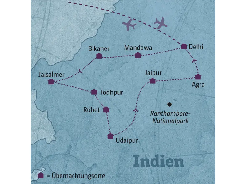 Die Reiseroute Ihrer individuellen Rajasthan-Tour führt Sie zu den beeindruckendsten Palästen und Forts des Bundesstaates. Absolutes Highlight am Ende der Reise: das Taj Mahal. Sie übernachten in Delhi, Mandawa, Bikaner, Jaisalmer, Jodhpur, Rohet, Udaipur, Jaipur und Agra.