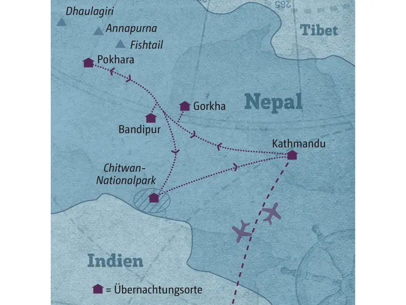 Ihre individuelle Reiseroute durch Nepal startet in Kathmandu und führt über Gorkha nach Pokhara. Über Bandipur und den Chitwan-Nationalpark geht es zurück nach Kathmandu.