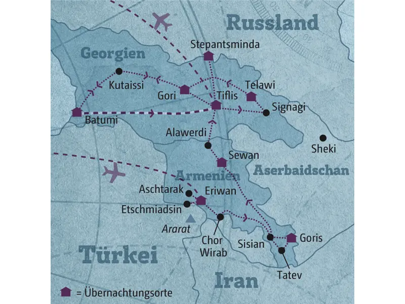 Reisekarte für die individuelle Marco Polo Rundreise Armenien - Georgien.
