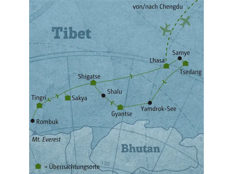 Reisekarte der Marco Polo Individuell Reise 5580 Tibet.