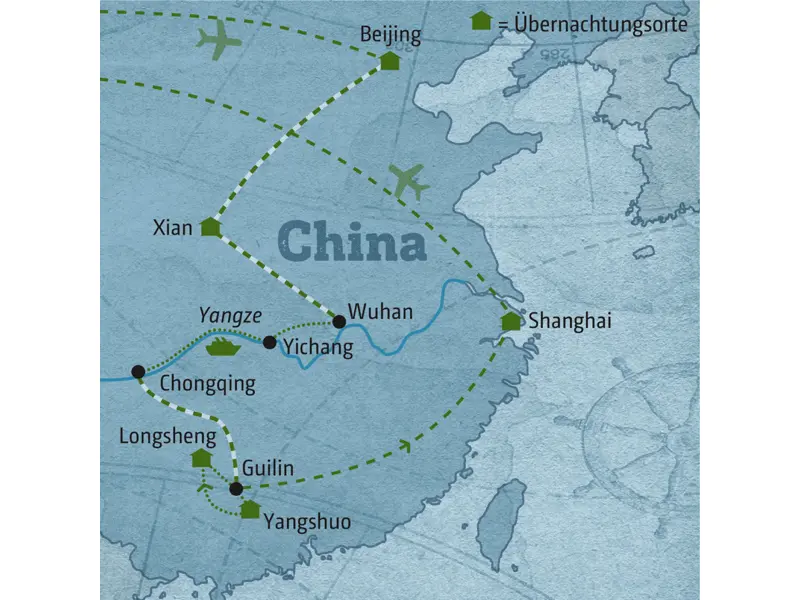 Reisekarte der Marco Polo Individuell Reise China - Megastädte und Flusslandschaften.