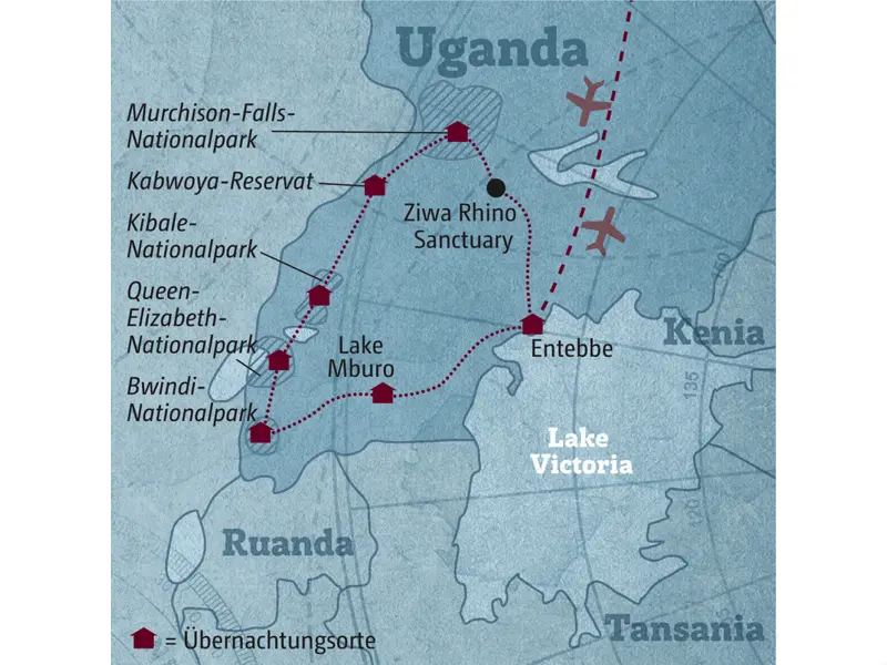 Unsere Reiseroute durch Uganda startet in Entebbe und führt über den Murchison-Falls-Nationalpark, den Kibale-Nationalpark, den Queen-Elizabeth-Nationalpark in den Bwindi-Nationalpark.