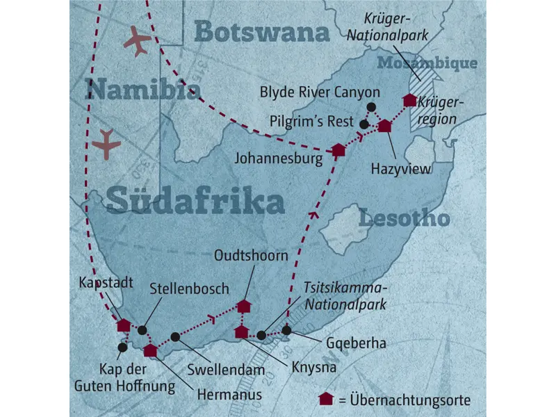 Die Route Ihrer individuellen Rundreise durch Südafrika startet in Kapstadt und führt über Hermanus, Oudtshoorn und Knysna in die Krügerparkregion.