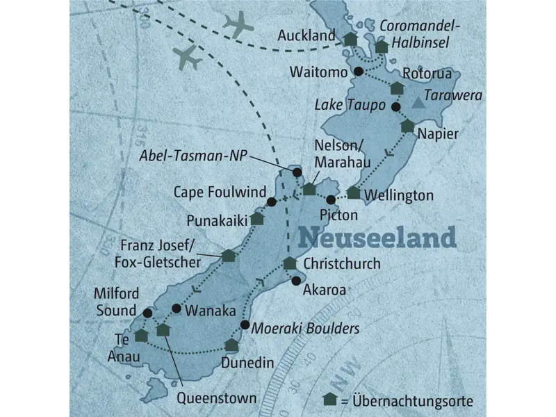 Diese Reisekarte zeigt den Verlauf der individuellen Marco Polo Reise durch Neuseeland: Auckland, Coromandel-Halbinsel, Waitomo, Rotorua, Napier, Wellington, Abel-Tasman-NP, Punakaiki, Franz-Josef/Fox-Gletscher, Queenstown, Milford Sound, Dunedin, Christchurch.
