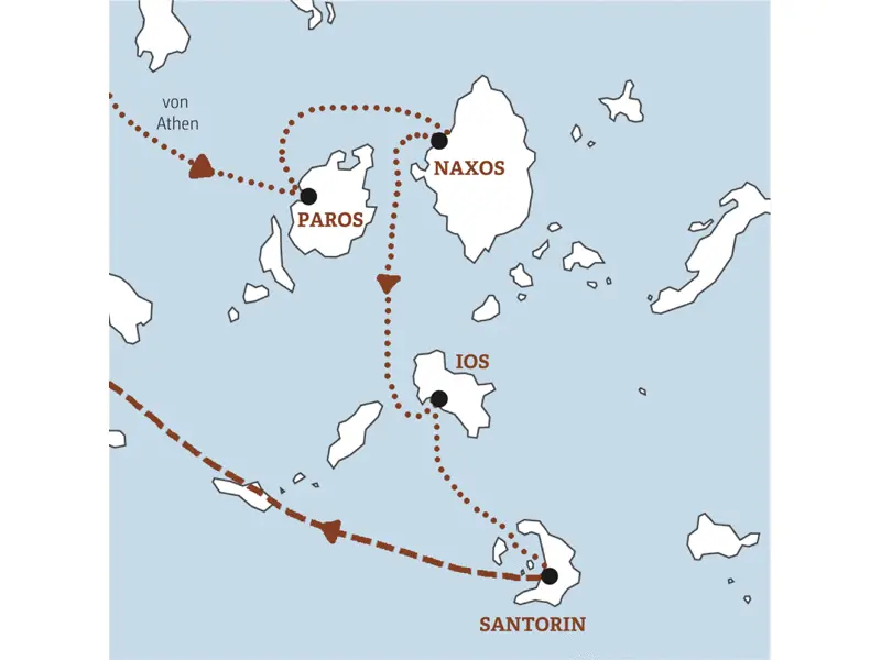 Die Stationen dieser Minigruppenreise auf die Kykladen sind Paros, Naxos, Ios und Santorin