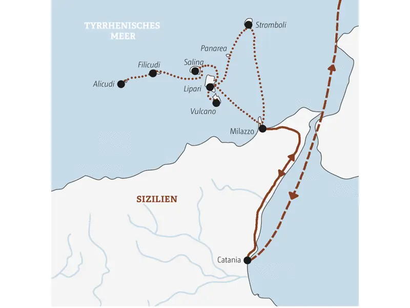 Auf Ihrer Rundreise zu den Äolischen Inseln erleben Sie Vulcano, Lipari, Salina, Filicudi, Panarea, Stromboli und Alicudi - von lavaschwarz bis üppig grün.