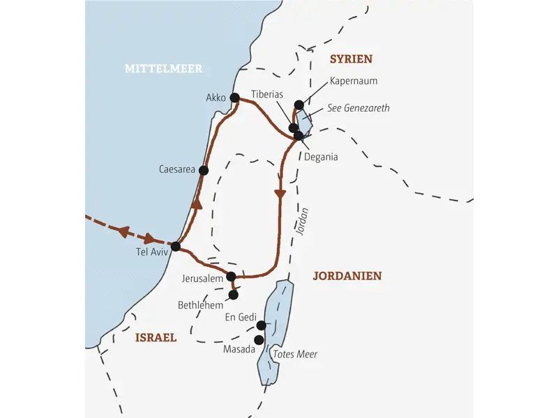 Die Marco Polo Rundreise beginnt in Tel Aviv und führt Sie über Caesarea und Kapernaum am See Genezareth bis nach Jerusalem und Bethlehem.