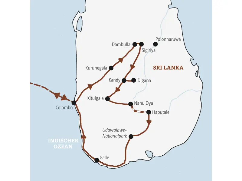 Die Karte zeigt den Verlauf der Marco Polo Mini-Gruppen-Reise Sri Lanka: Colombo, Kurunegala, Dambulla, Sigiriya, Kandy, Digana, Kitulgala, Nanu Oya, Haputale, Udawalawe, Galle.