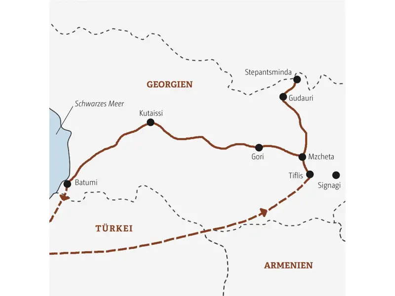 Die Route unserer Rundreise in der Mini-Gruppe durch Georgien startet in Tiflis, führt in die Bergwelt des Großen Kaukaus, dann über Gori nach Kutaissi und am Ende nach Batumi am Schwarzen Meer.
