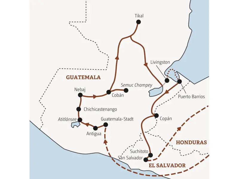 Die Reise mit Marco Polo in der Mini-Gruppe durch Guatemala und El Salvador führt Sie von Guatemala-Stadt über Antigua, den Atitlánsee, Cobán und Tikal nach Livingston an der Karibikküste. Weiter geht es mit einem Abstecher nach Copán in Honduras nach Suchitoto in El Salvador.