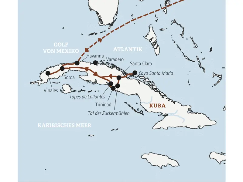 Ihre Rundreise durch Kuba mit Marco Polo in der Mini-Gruppe führt Sie von Havanna nach Vinales und dann weiter nach Trinidad, Santa Clara und Cayo Santa María.