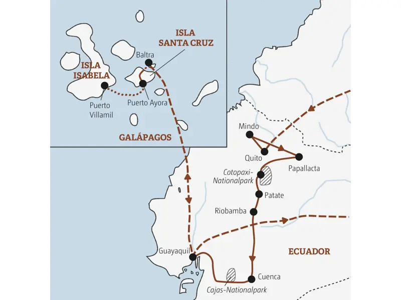 Unsere Marco Polo-Reise durch Ecuador in der Mini-Gruppe führt von Quito nach Mindo und Papallacta, über die Straße der Vulkane zum Cotopaxi-Nationalpark, weiter über Patate und Riobamba nach Cuenca und zum Finale von Guayaquil auf die Galápagos-Inseln Santa Cruz und Isabela.