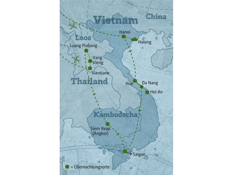Reisekarte der Marco Polo Individuell Rundreise 5283 Vietnam ¿Kambodscha - Laos