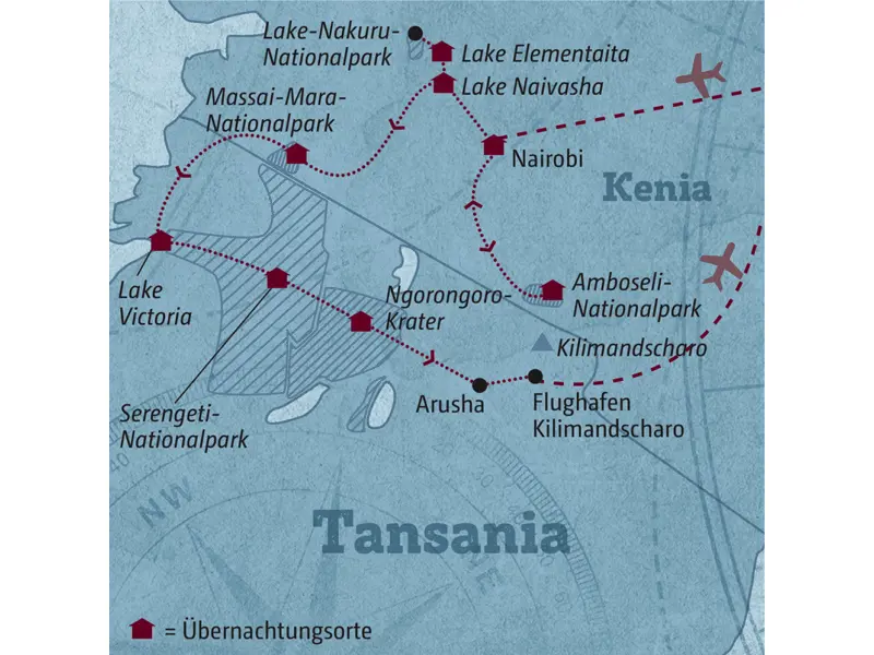Ihre Reiseroute durch Kenia und Tansania startet in Nairobi und führt über den Amboseli-Nationalpark, die Massai Mara, den Lake Victoria, die Serengeti und den Ngorongoro-Krater nach Arusha.