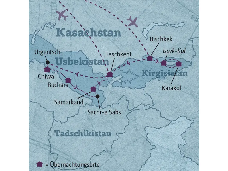 Ihre individuelle Rundreise durch Usbekistan und Kirgisistan beginnt in Bischkek und führt Sie zum Issyk-Kul, nach Karakol, weiter nach Taschkent, Chiwa, Buchara und Samarkand.