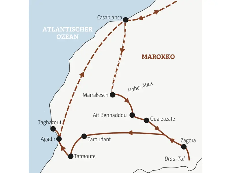 Die Route dieser YOUNG LINE Reise ab 35 Reise führt vom Atlantik in den Hohen Atlas bis an den Rand der Sahara.