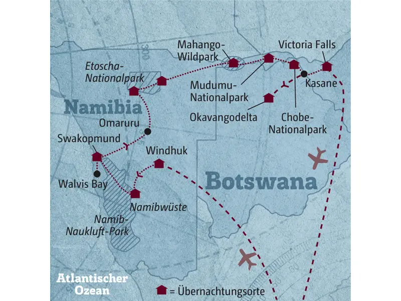 Diese Reisekarte zeigt den Verlauf der individuellen Marco Polo Reise Namibia - Botswana: Windhuk, Namibwüste, Swakopmund, Walvis Bay, Etoscha-Nationalpark, Mahango-Wildpark, Mudumu-Nationalpark, Chobe-Nationlpark, Victoria Falls, Okavangodelta.