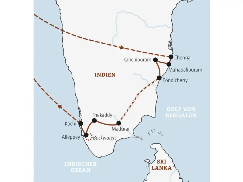 Die Karte zeigt den Verlauf unserer Entdeckerreise in der Mini-Gruppe nach Südindien: Chennai, Mahaballipuram, Kanchipuram, Madurai, Thekkady, Alleppey, Kochi.