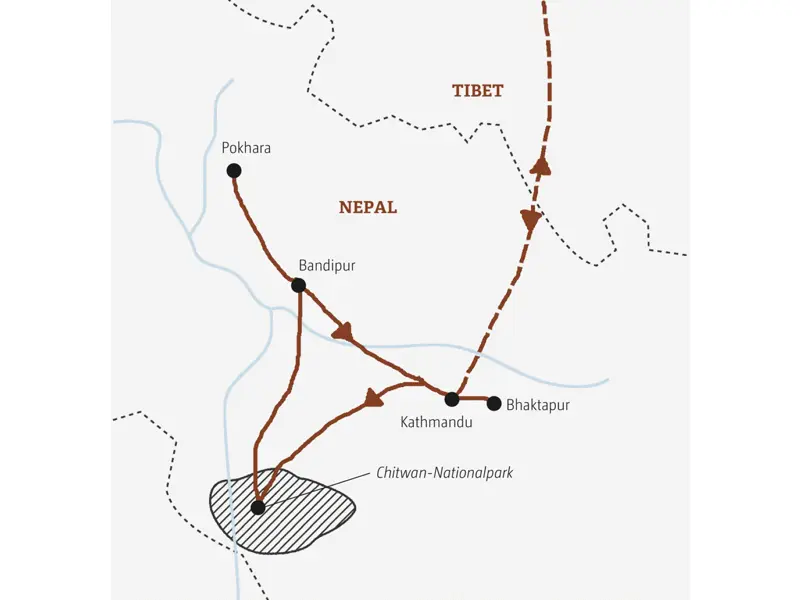 Die Karte zeigt die Route der Mini-Gruppen-Reise nach Nepal: Kathmandu, Chitwan-Nationalpark, Bandipur, Pokhara, Bhaktapur.