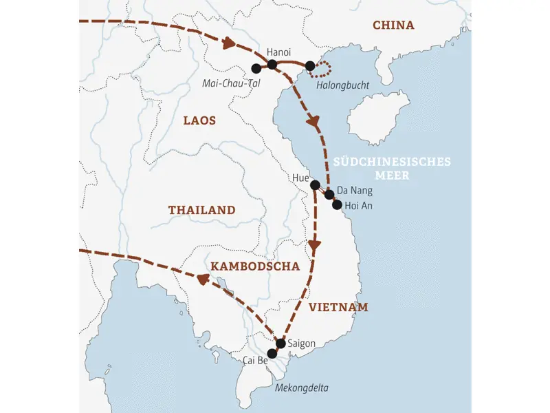 Die Rundreise in der Mini-Gruppe durch Vietnam führt Sie von Hanoi in die Halongbucht und weiter über Hoi An und Hue nach Saigon.