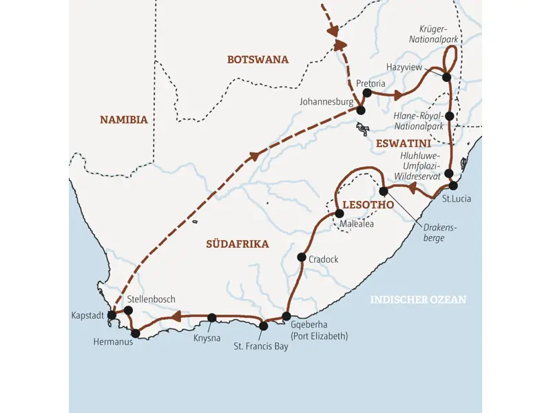 Diese Rundreise  führt Sie von Johannesburg zum Krügerpark, nach Eswatini und in die Drakensberge nach Lesotho und weiter über die Gartenroute nach Knysna und Kapstadt.