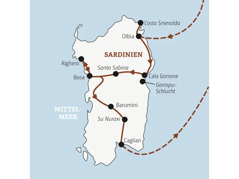 Die Rundreise mit YOUNG LINE nach Sardinien führt von der Costa Smeralda im Norden über Cala Gonone, Alghero und Barumini nach Cagliari im Süden.