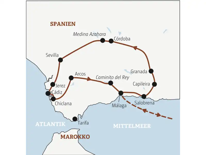 Die Rundreise mit YOUNG LINE durch Andalusien führt dich von Málaga nach Granada, Córdoba, Sevilla, Conil und auf den Caminito del Rey.