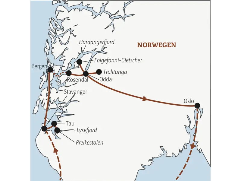 Auf dieser YOUNG LINE Reise Norwegen - Fjell & Fjorde für Entdecker -  reisen junge Singles und Alleinreisende in der Gruppe von Stavanger über Bergen bis nach Oslo.