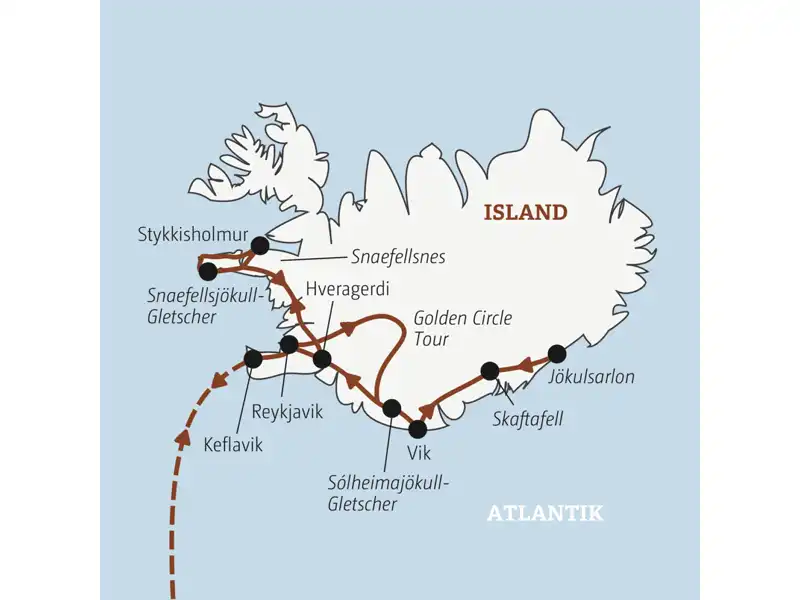 Die Rundreise mit YOUNG LINE über Island führt dich von Reykjavik nach Vik, Skaftafell, zum Golden Circle, auf die Halbinsel Snaefellsnes und zurück nach Keflavik.