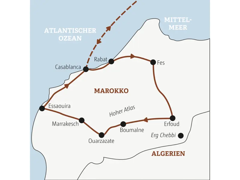 Die Rundreise mit YOUNG LINE durch Marokko führt dich von Casablanca nach Fes, Erfoud, Boumalne, Ouarzazate, Marrakesch und Essaouira.