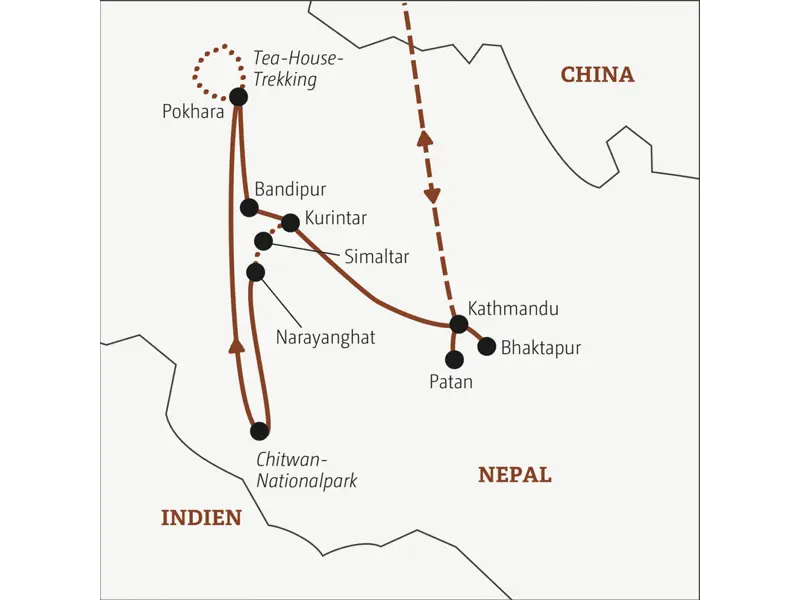 Die Rundreise mit YOUNG LINE durch Nepal führt dich von Kathmandu nach Bhaktapur, Patan, in den Chitwan-Nationalpark, nach Pokhara und Bandipur.