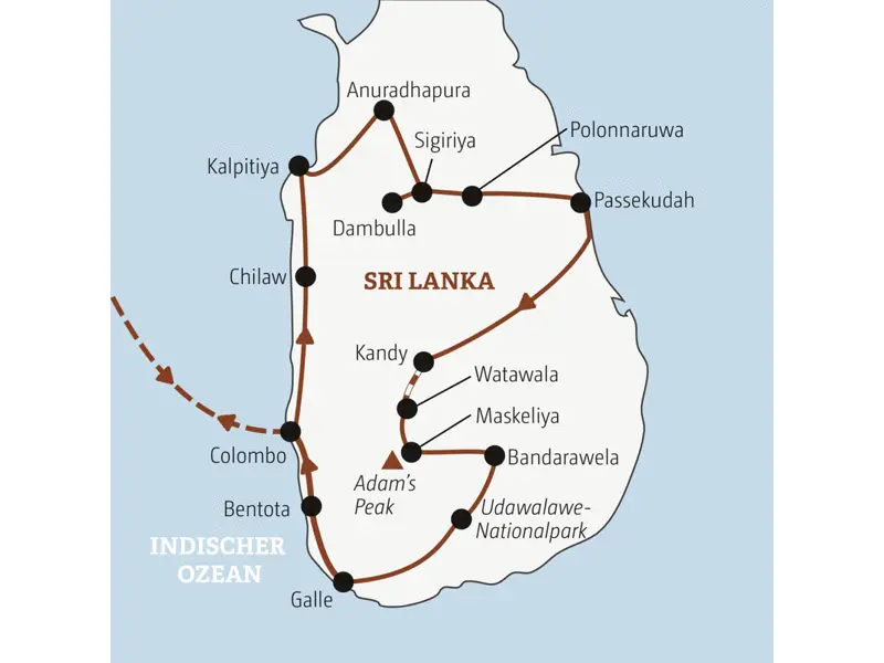 Die Rundreise mit YOUNG LINE durch Sri Lanka führt dich von Colombo nach Anuradhapura, Passekudah, Kandy, in den Udawalawe-Nationalpark und bis Galle.