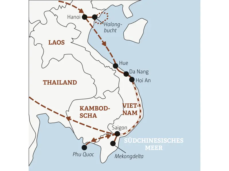 Die Rundreise mit YOUNG LINE durch Vietnam führt dich von Hanoi in die Halongbucht, nach Hue, Hoi An, Saigon, ins Mekongdelta bis nach Phu Quoc.