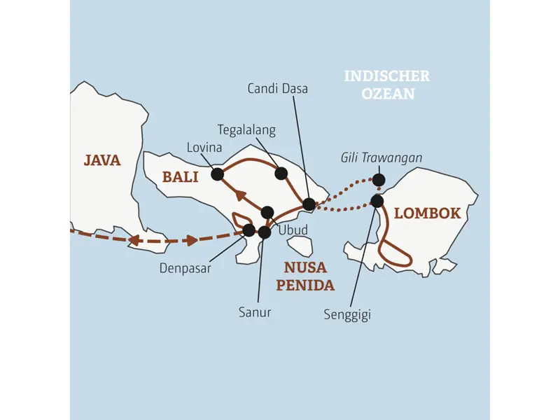 Die Rundreise mit YOUNG LINE durch Indonesien führt dich über Bali mit Sanur, Lovina, Candi Dasa und Ubud nach Lombok und auf Gili Trawangan.