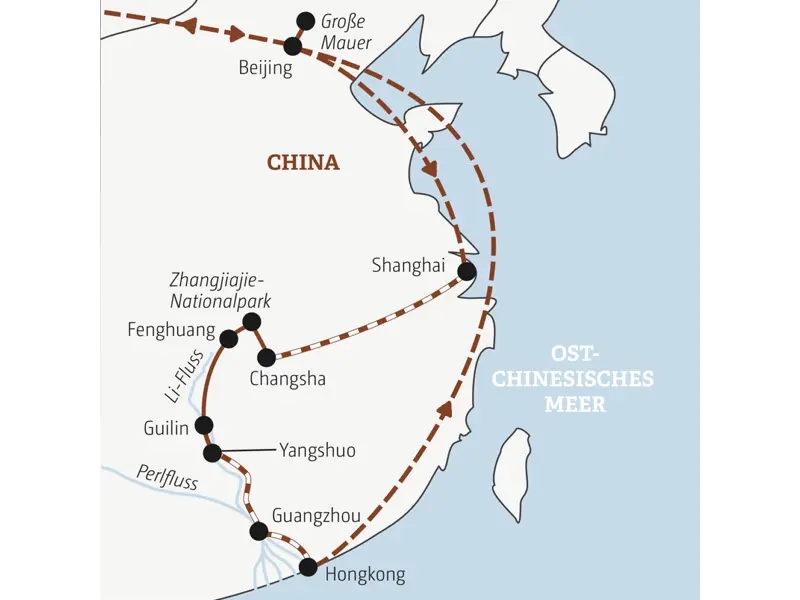 Die Route dieser YOUNG LINE Reise führt von Beijing über Shanghai, Zhangjiajie und Guilin nach Hongkong.