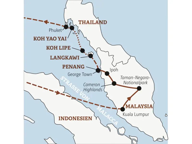 Die Rundreise Malaysia - Thailand  mit YOUNG LINE führt uns von Kuala Lumpur über den Taman-Negara-Nationapark bis George Town, und anschließend hüpfen wir von Insel zu Insel weiter bis Phuket.